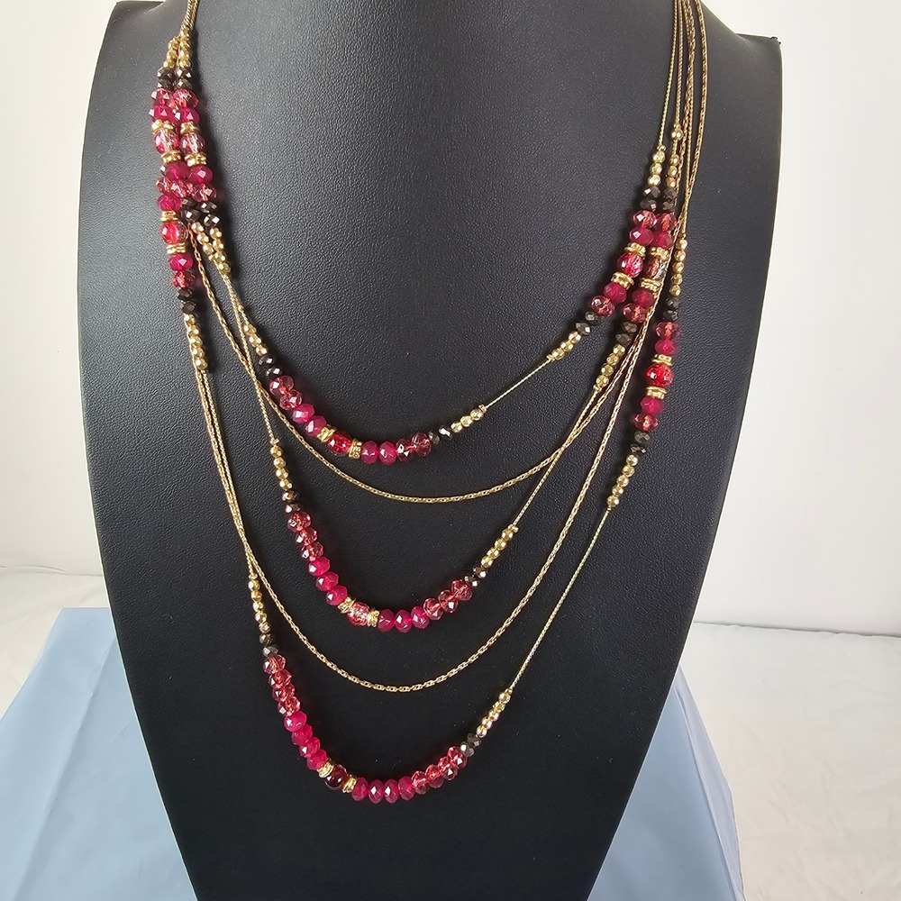 NY New York & Company Gold Tone Red Beaded Multi Strand Layered Necklace